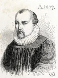 Portrett av Solomon de Caus (1576-1624), fransk fysiker - i "" Album of Science; berømte lærde; Store oppdagelser””” 1896.