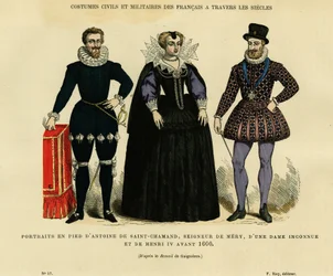 Portretter før 1600, av Antoine de Saint Chamand, herre av Mery sur Oise, og av Frankrikes konge Henrik IV (1553–1610), som omgir en ukjent kvinne. Fargegravering etter tegningen av Gaignieres, i «France et les francais à travers les siecles»