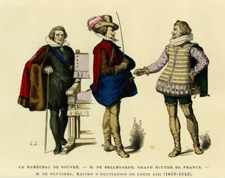 Portretter av marechalen av Souvre (død 1626), av Roger de Saint Lary, hertug av Bellegarde (1562–1646), Grand Écuyer av Frankrike og Antoine de Pluvinel (1556–1605), mester i hestesport av Ludvig XIII (1610–1643). Fargegravering, i «France et les franc».