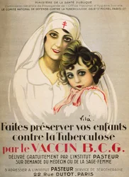 Plakat "" Beskytt barna dine mot tuberkulose av B.C.G. Vaksine utstedt gratis av Institut Pasteur på forespørsel fra legen eller jordmor"", av Vilà 1917
