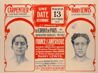 Plakat som reklamerer for boksekampen mellom Carpentier og Harry Lewis, 1911