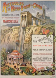 Plakat som reklamerer for heisen til Notre-Dame de la Garde, Marseilles, ca. 1900