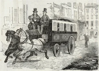 Innlegg: postmennenes omnibus - Gravering i "Tableau-de-Paris" av Edmond Texier 1852
