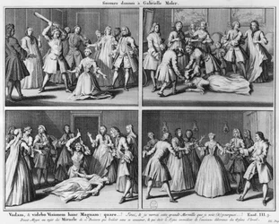 Praksis for assistanse til Gabrielle Moler, illustrasjon fra La verite des miracles de M. de Paris... av Louis Basile Carre de Montgeron (1686-1754) 1747, Köln