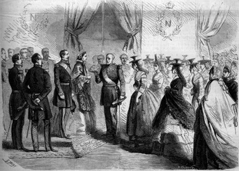 Presentation to Napoleon III (1808-1873) and to the Impress Eugenie (1826-1920) of twelve Maconnaises in country costume. Macon, Saone and Loire (71)