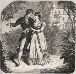 Prinsesse av Wales Carolina av Brunswick (1768-1821) på tur med sin elsker, Bartolomeo Bergami. Gravering fra 1871 i «Histoire Des Cocus Celebres»» av Henry de Kock (1819-1892).