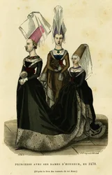 Prinsesse med sine æresdamer, rundt 1470. Fargegravering etter boken om kong Renés turneringer, i «France et les francais a travers les siecles» av Augustin Challamel, F.Roy-redaktør, Paris 1882. Selva-samlingen.