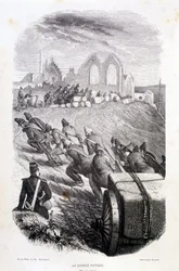 Fanger som trekker blokker av steinbrudd, ""Les Bagnes: histoire, types, moreurs, mystique"" av Maurice Alhoy, red. Gustave Havard