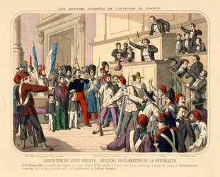 Proklamasjon av Den andre franske republikk under Februarrevolusjonen, 24. februar 1848, bredblad utgitt av Gadola, Lyon, 1848