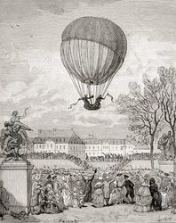 Professor Jacques Charles og Nicolas-Louis Robert flyr verdens første bemannede hydrogenballong 1. desember 1783 i Tuilleries Gardens, Paris, fra 