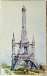 Prosjekt for å modifisere Eiffeltårnet for 1900-utstillingen (mai 1896). Gravering fra 1896. Paris, Riksarkivet