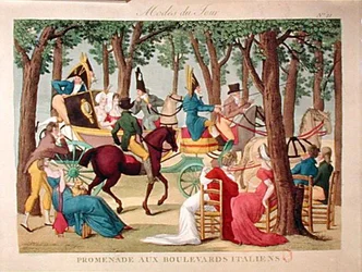 Promenade på Boulevard des Italiens i Paris, tidlig på 1800-tallet (farget gravering)