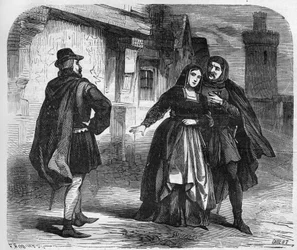 Prostitusjon i middelalderen: jenter av glede blomstret i provinser som Paris. Gravering i "Prostitusjonens og utskeielsens historie blant alle verdens folkeslag fra antikken til i dag" av Dr. Th. -F. Debray. 1879.