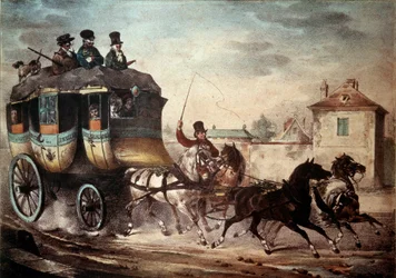 Offentlig transport: Diligence av linjen mellom Paris og Meaux. Illustrasjon av skurk i 1824. Compiegne, Chateau Museum