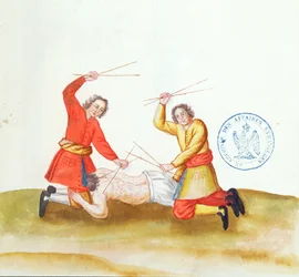 Punishment with Sticks, fra Voyage en Russie, 1731 (penn og blekk og wc på papir)
