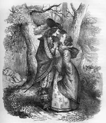 Queen Sophie Dorothee of Zelle (1666-1726), wife of George I of England and the young Philip Christophe of Koenigsmark, in a moment of intimacy. Engraving in “The history of prostitution and debauche among all the peoples of the world from antiquity to the