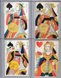 Spardronning og Hjertedronning spillekort, 1600-1700-tallet (farget tregravering)