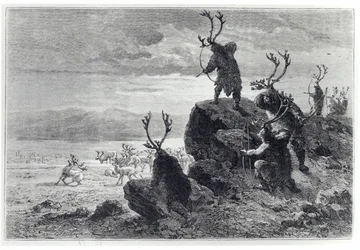 Reinsdyrjakt i steinalderen, illustrasjon fra LHomme Primitif, av Louis Figuier (1819-94) utgitt av Hachette, 1870