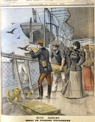 Slipper ut den franske hæren som søker duer om bord på det transatlantiske ruteskipet La Bretagne mellom Le Havre og New York