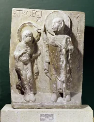 Relieff som viser St. Hilary av Poitiers (320-368) som velsigner St. Triaise, ca. 1150