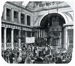 Religiøs seremoni ved den gamle synagogen i Paris for Rosh Hashana, illustrasjon fra Le Tableau de Paris av Edmond Texier, utgitt i Paris, 1852