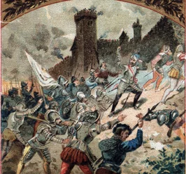 Religiøse kriger: Hugenottene tok slottet Dampierre i 1567. Kromolitografi fra slutten av 1800-tallet