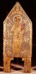 Relikvieskrin av St. Calminius, detalj av St. Paul med sverd og bok, Limoges (kobber- og champleveemalje)