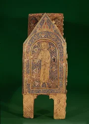 Reliquary chest of St. Calminius, detail of St. Peter holding the keys, Limoges (copper & champleve enamel)