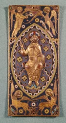 Relikvieplakett som viser Kristus med symbolene til evangelistene (emaljert kobber)