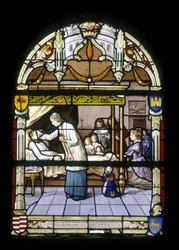René de Neval, løytnant for kongen og oberst på bakbenken i Nedre Bretagne, døde 13.04.1676, full av fortjenester og dyder i slottet sitt i Neval, gråt av vasallene hans - glassmalerier i kirken St Germain i Kerlaz