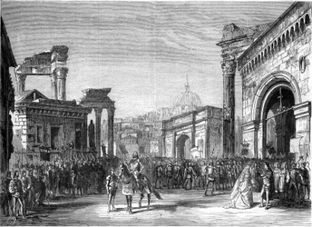 Representasjon av en opera: "Rienzi" av Richard Wagner (1813-1883). Scene fra Act III (Forumet). Paris, Lyrisk teater