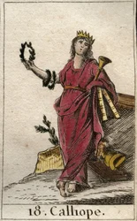 Fremstilling av Kalliope, den episke poesiens muse, hun holder en krone og eposets trompet i hånden. Fremstilling av Kalliope, den heroiske poesiens muse. Fra «Ungdommens mytologi» av Pierre Blanchard, 1803.
