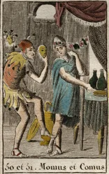 Representation of Comus, divinite of gourmets and cuisine, he presides feasts, represente leans on a stake with a torch and Momos, personification of the mockery and Sarcasm, he is represented as a court jester. (Momus the personnification of satire and mo