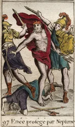 Representation of Enee who, protected by Neptune, deviates from the fight against Achilles. (Representation of Aeneas who, protected by Neptune, departs the fight against Achilles). From “Mythology of Youth” by Pierre Blanchard 1803.