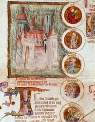 Representasjon av Enocham, første sitat av verden grunnlagt av Yared (Yered, Jared eller Jareth) som hyllest til hans sønn Enoch (Henoch eller Henoc) Page hentet fra manuskriptet "Genealogy de la Bible"" fra den franske skolen. Cremone fra 1300-tallet, bib