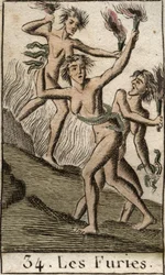 Representation of Furies, Tisphone, Megere and Alecton, persecuting divinites, as discharnees (The furies, Tisphone, Megaera and Alecto, represented as emaciated women). From “Mythology of Youth” by Pierre Blanchard 1803.