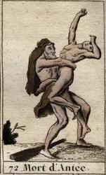 Representation of Hercules Terrassant Ante, King of Libya (Heracles (Hercules) killing Antaeus with a bearhug) From “Mythology of Youth “” by Pierre Blanchard 1803.