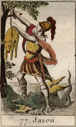 Representation of Jason, recuperating the Golden Fleece, fleece of Chrysomallos, belier wing, after triumph of the sleeping dragon who guarded the Golden fleece and catch it. From “Mythology of Youth” by Pierre Blanchard 1803.