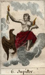 Fremstilling av Jupiter (eller Jove), gudenes konge og himmelens og tordenens gud. Fra «Ungdommens mytologi» av Pierre Blanchard, 1803.