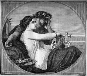 Representasjon av Lesbie (Lesbia) og Catulle (87 - 54 f.Kr.) Latinsk poet: poeten dedikerte mange dikt til den unge prostituerte han var forelsket i. Gravering i «Prostitusjonens og utskeielsens historie blant alle verdens folkeslag fra antikken til
