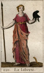 Representasjon av Liberte som en kvinne som holder en frygisk hatt og en spade. (Friheten som en ung kvinne, med en frygisk hatt og en gjedde). Fra "Mythology of Youth" av Pierre Blanchard 1803.