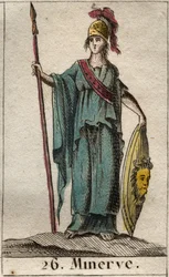 Fremstilling av Minerva, kunstens, krigens og vitenskapens gudinne. Hun bærer rustning. (Minerva, krigens, vitenskapenes og kunstens gudinne, fremstilt med rustning). Fra «Ungdommens mytologi» av Pierre Blanchard 1803.