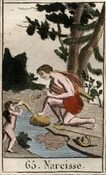 Representasjon av Narcisse, en ung mann forelsket i seg selv, ser han hele tiden på refleksjonen sin. (Representasjon av Narcissus, en ung mann forelsket i seg selv, han beundrer hele tiden ved refleksjonen hans). Fra "Mythology of Youth" av Pierre Blancha