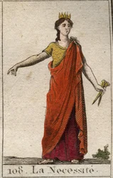 Representasjon av nødvendighet, som en ubøyelig kvinne, datter av Fortune, med bronsehender. Fra "Mythology of Youth" av Pierre Blanchard 1803.