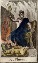 Fremstilling av Pluto, underverdenens gud, med Kerberos, den trehodede hunden og underverdenens vokter, ved føttene hans. (Pluto, helvetes gud med Kerberos, den trehodede hunden). Fra «Ungdommens mytologi» av Pierre Blanchard, 1803.