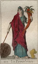 Representasjon av Providence, som en gammel kvinne, som holder et overflødighetshorn, en pinne og en globus. Fra "Mythology of Youth" av Pierre Blanchard 1803.