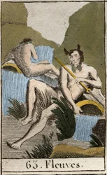 Representation of Rivers, old men with wet beard and hair, they are sitting near overturned urn (Representation of Strams, horned old men with wet beard and hair and, they are sit near overturned urn). From “Mythology of Youth” by Pierre Blanchard 1803.