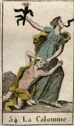 Representation of Slander, walking while dragging her mother the Envy by her hair, a snake comes out of her mouth. (Representation of Calumny, daughter of Envy she draws up by her hair, a snake come out by her mouth) from “Mythologie de la jeunesse “” by P