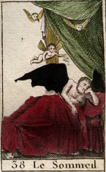 Representasjon av søvn, hviler evig i et palass, nær drømmevinger. (Somnus, søvnens gud, han sover i et palass omgitt av bevingede drømmer) Fra "Mythologie de la jeunesse" av Pierre Blanchard 1803.