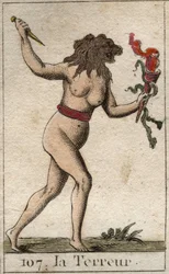 Representasjon av terror, som en kvinne med et løvehode, som holder en kniv og slanger. Fra "Mythology of Youth" av Pierre Blanchard 1803.